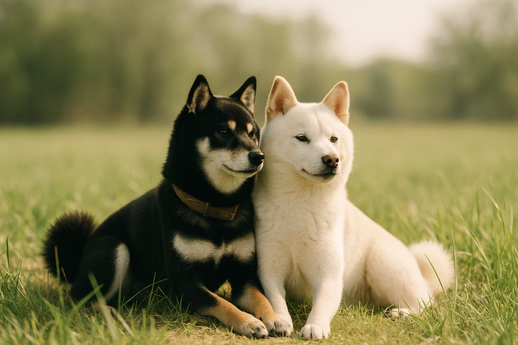 芝生の上に寄り添って座る黒柴と白柴。穏やかな空気の中で過ごす、犬との静かな日々のワンシーン。
